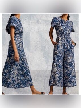 Anthropologie The Somerset Wide Leg Jumpsuit Blue Floral size S Coquette Cowgirl